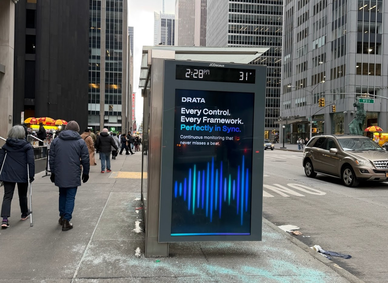 Drata 'Every Control. Every Framework. Perfectly in Sync.' bus shelter, Midtown Manhattan