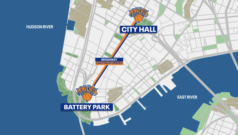 Canyon of Heroes DOOH parade route map — annotated with real screen locations from our inventory