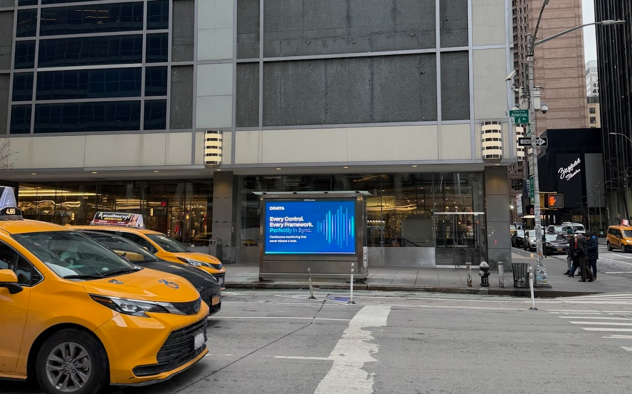 Drata urban panel at 6th Ave & W 54th St with NYC taxis in frame