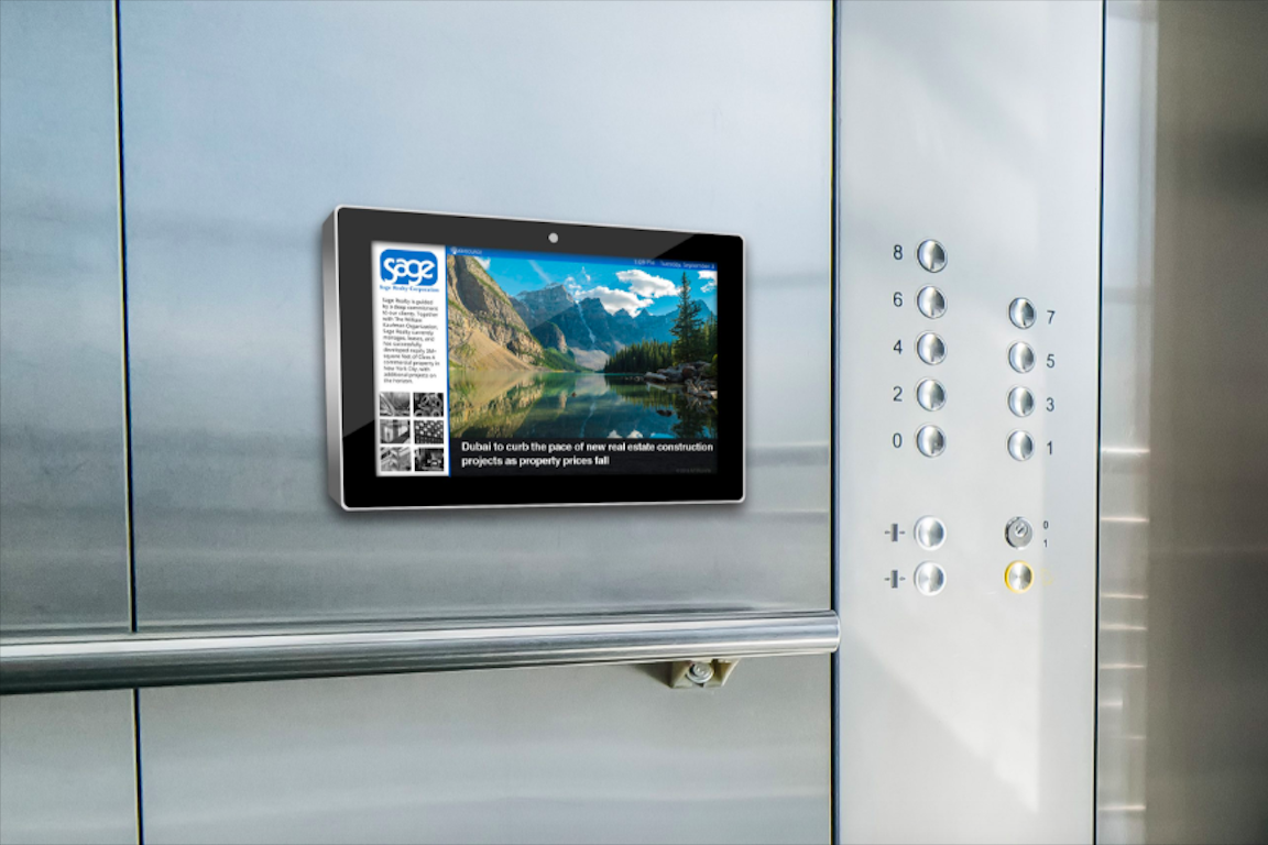 Captive Captivate-style elevator screen inside a Manhattan office building