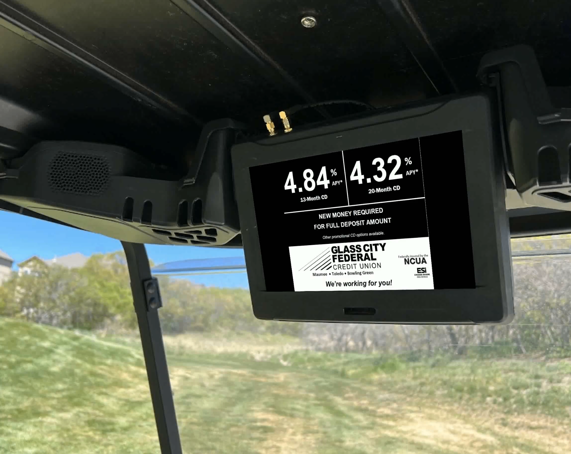 Glass City Federal Credit Union CD-rate creative on a golf-cart GPS screen.