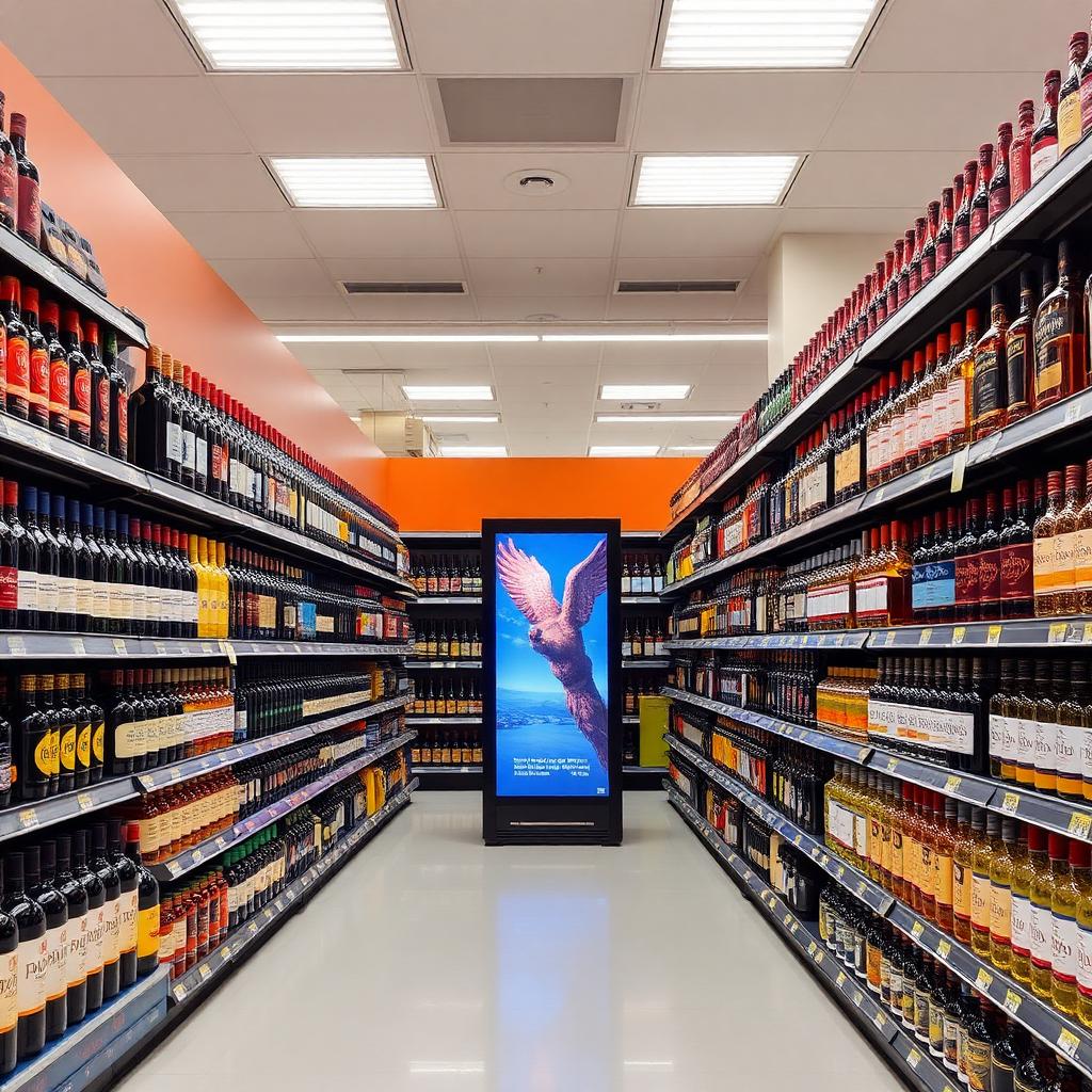 Liquor-store digital endcap screen running spirits brand creative at point of purchase