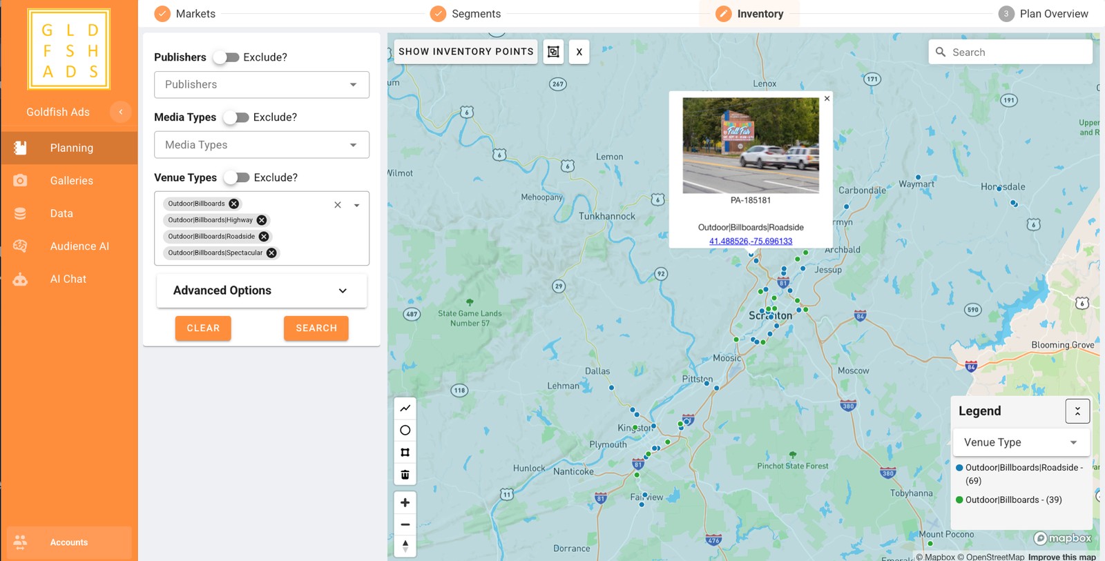 Goldfish Ads DOOH planning tool showing available screen inventory by market
