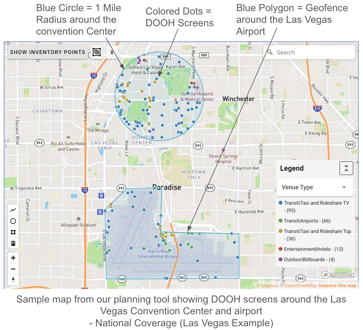 Screen-level DOOH campaign map showing selected units across a market