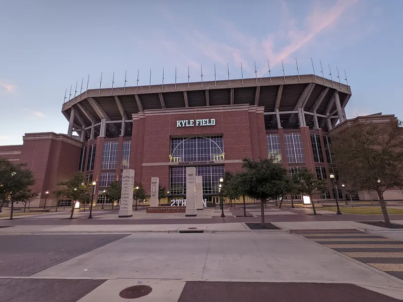 Kyle Field exterior at dusk, College Station.