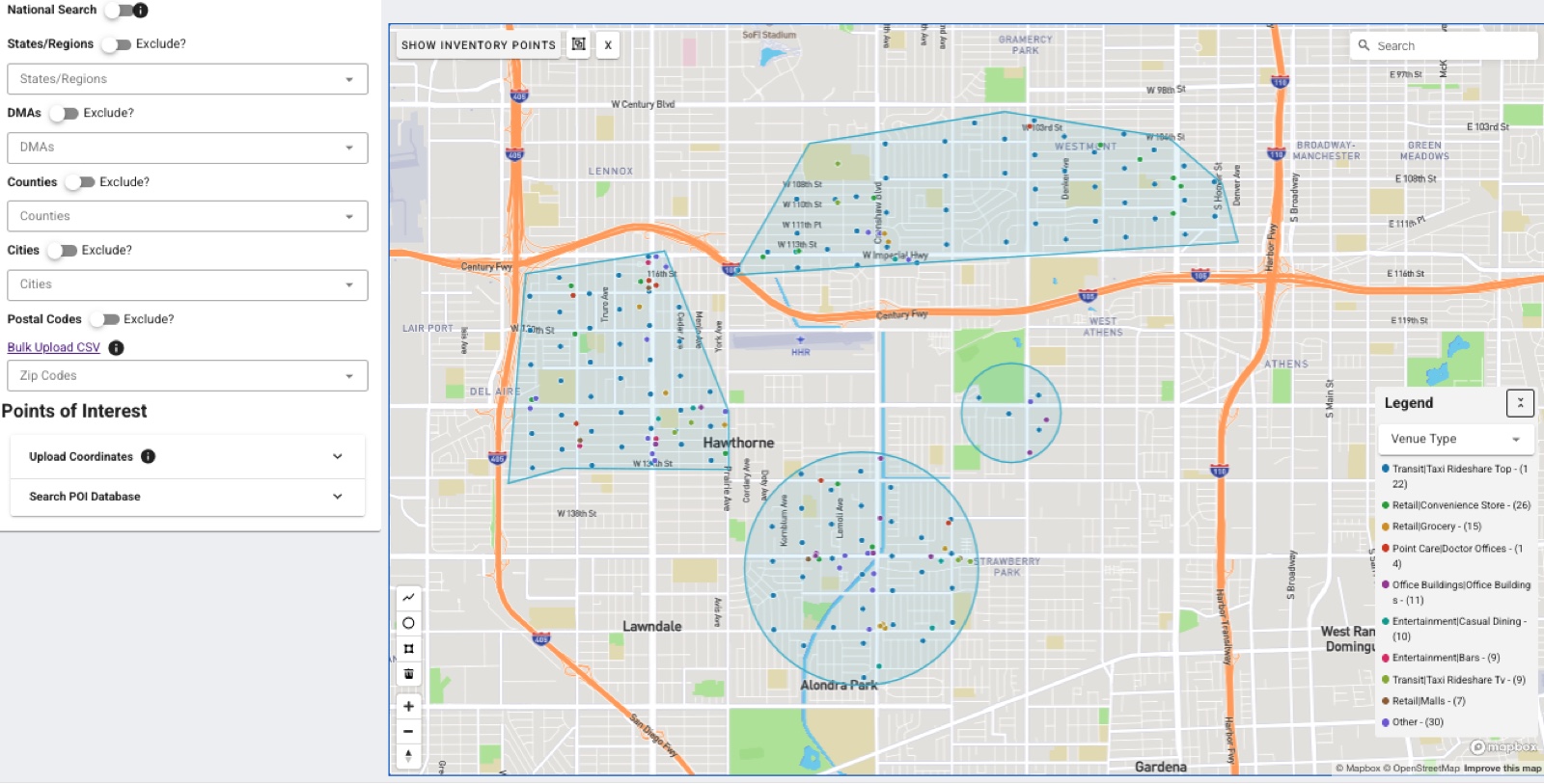 The DOOH planning tool showing custom polygon and radius geofences drawn around specific neighborhoods, with available screens plotted as colored dots by venue type, alongside targeting controls for states, DMAs, counties, cities, and postal codes.