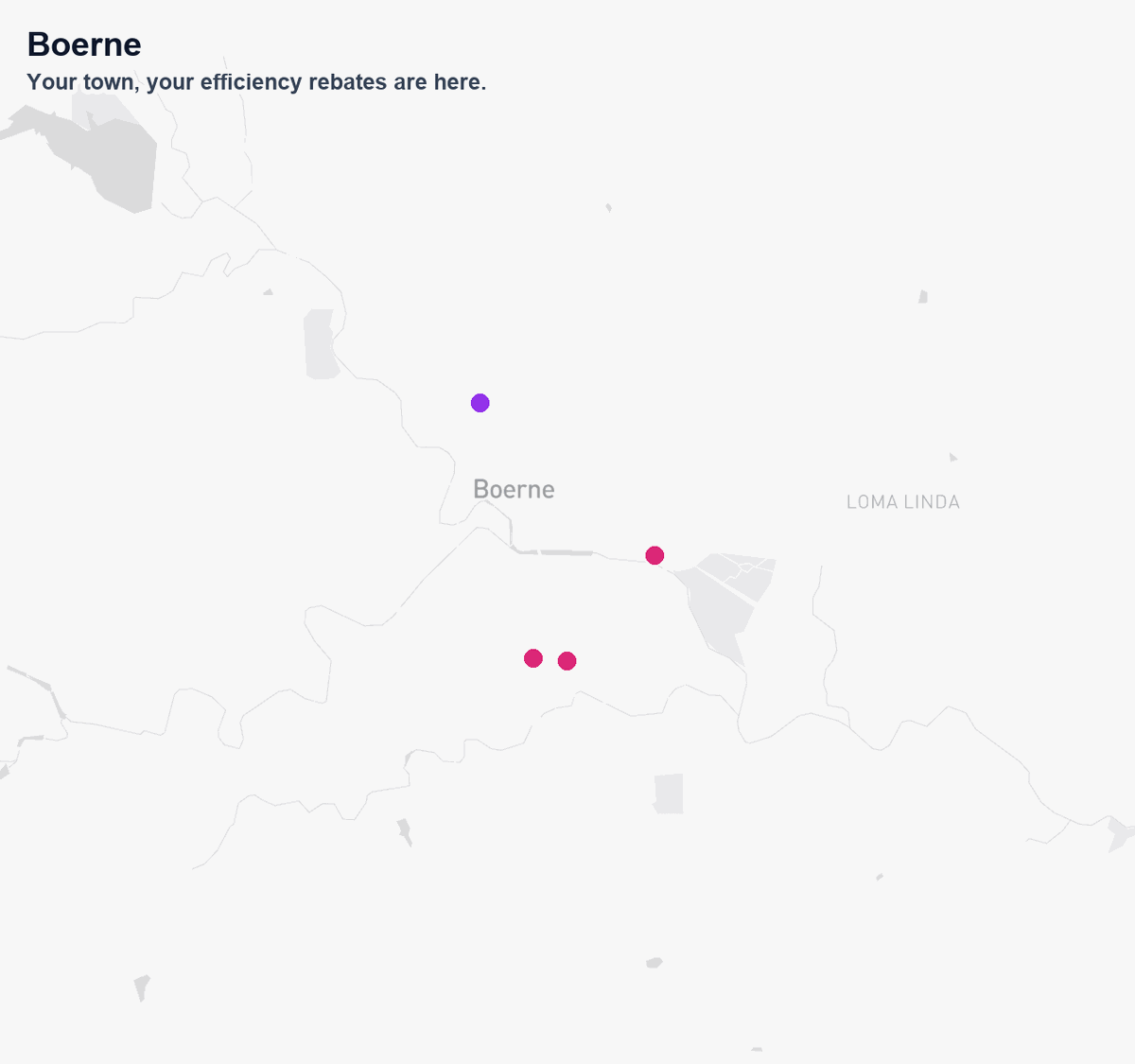 Map of Boerne, Texas showing the handful of bookable DOOH screens in the town.