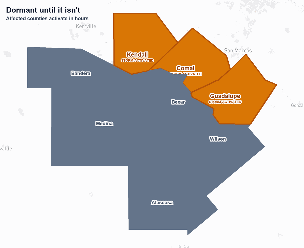 Map of CPS Energy's eight-county area with Kendall, Comal, and Guadalupe counties activated for an incoming storm while the rest stay dormant.
